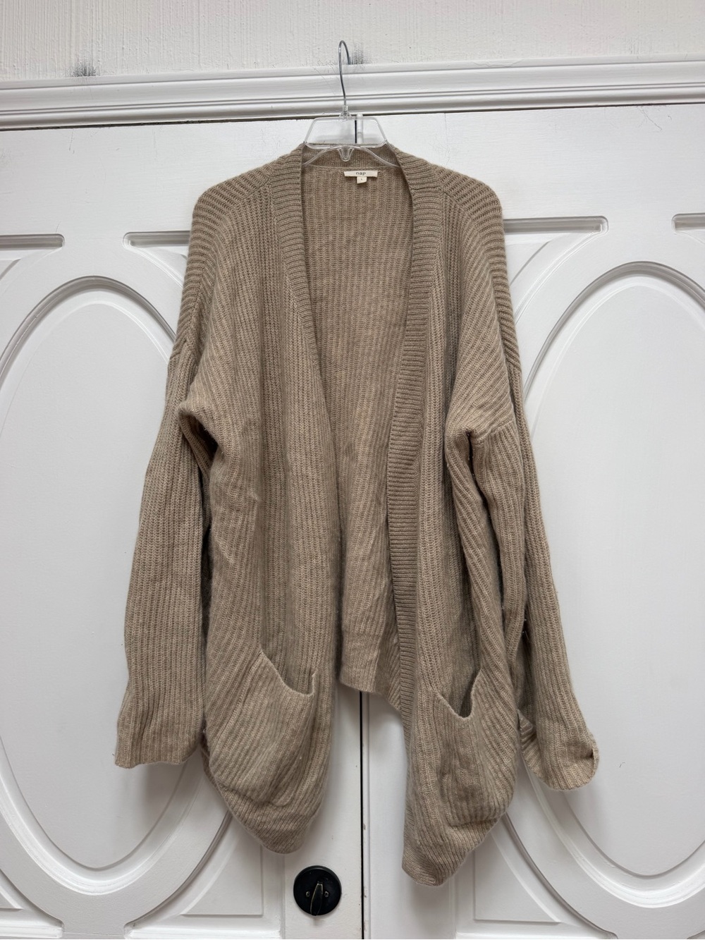 Relaxed Open-Front Taupe Ribbed Cardigan Sweater L 100% Cashmere
